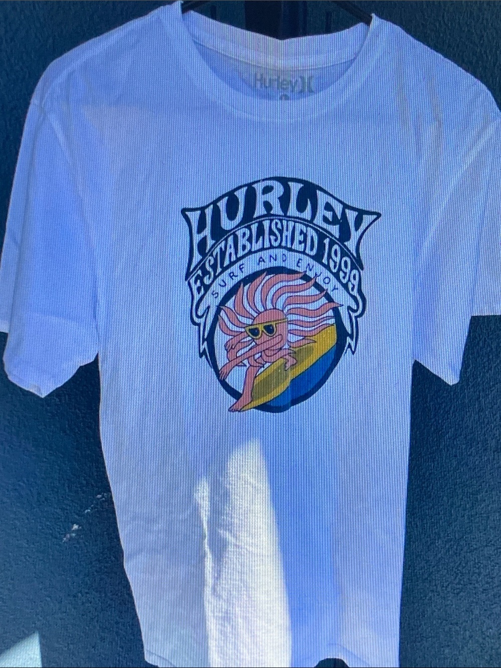 Hurley White Graphic Tee with Surfing Sun Design